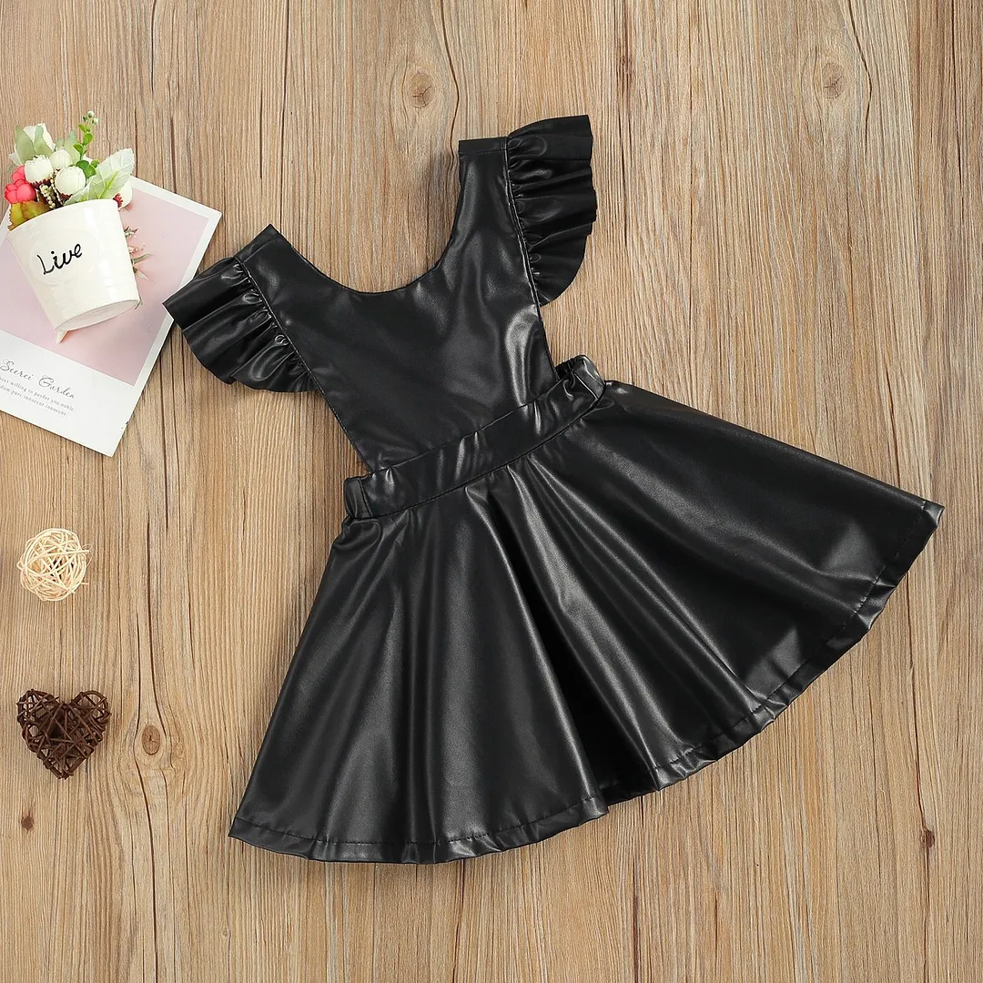 0-5Years Infant Kids Baby PU Dress Solid Black Synthetic Leather Dress Ruffled Sleeveless Fashion Gown Outfits