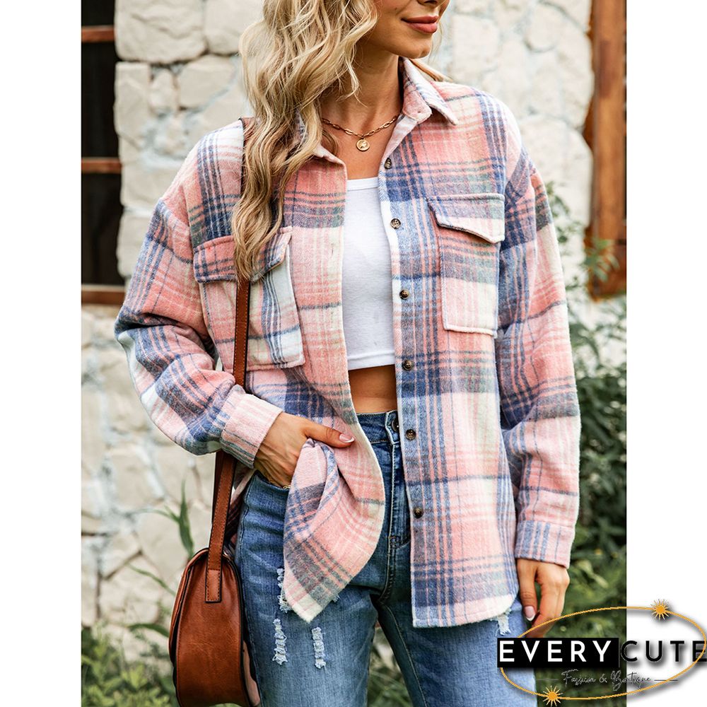 Pink Plaid Print Button Shacket with Pocket