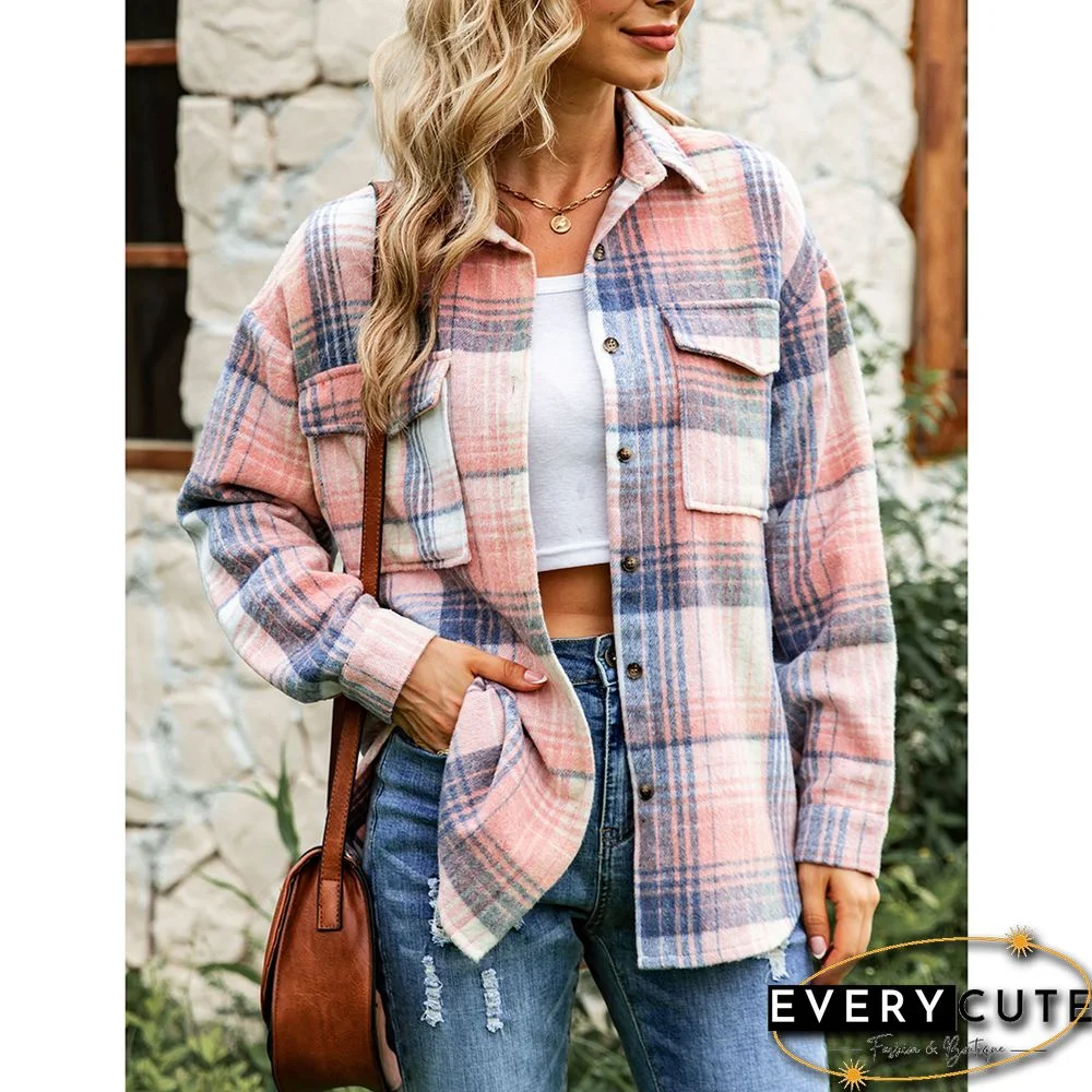 Pink Plaid Print Button Shacket with Pocket