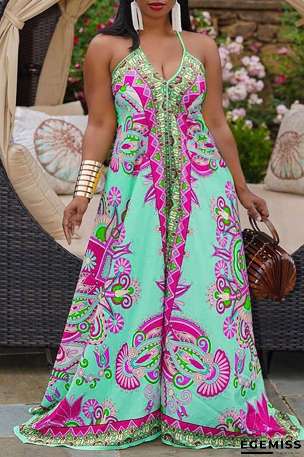 Light Green Sexy Print Patchwork Backless Spaghetti Strap Plus Size Jumpsuits | EGEMISS