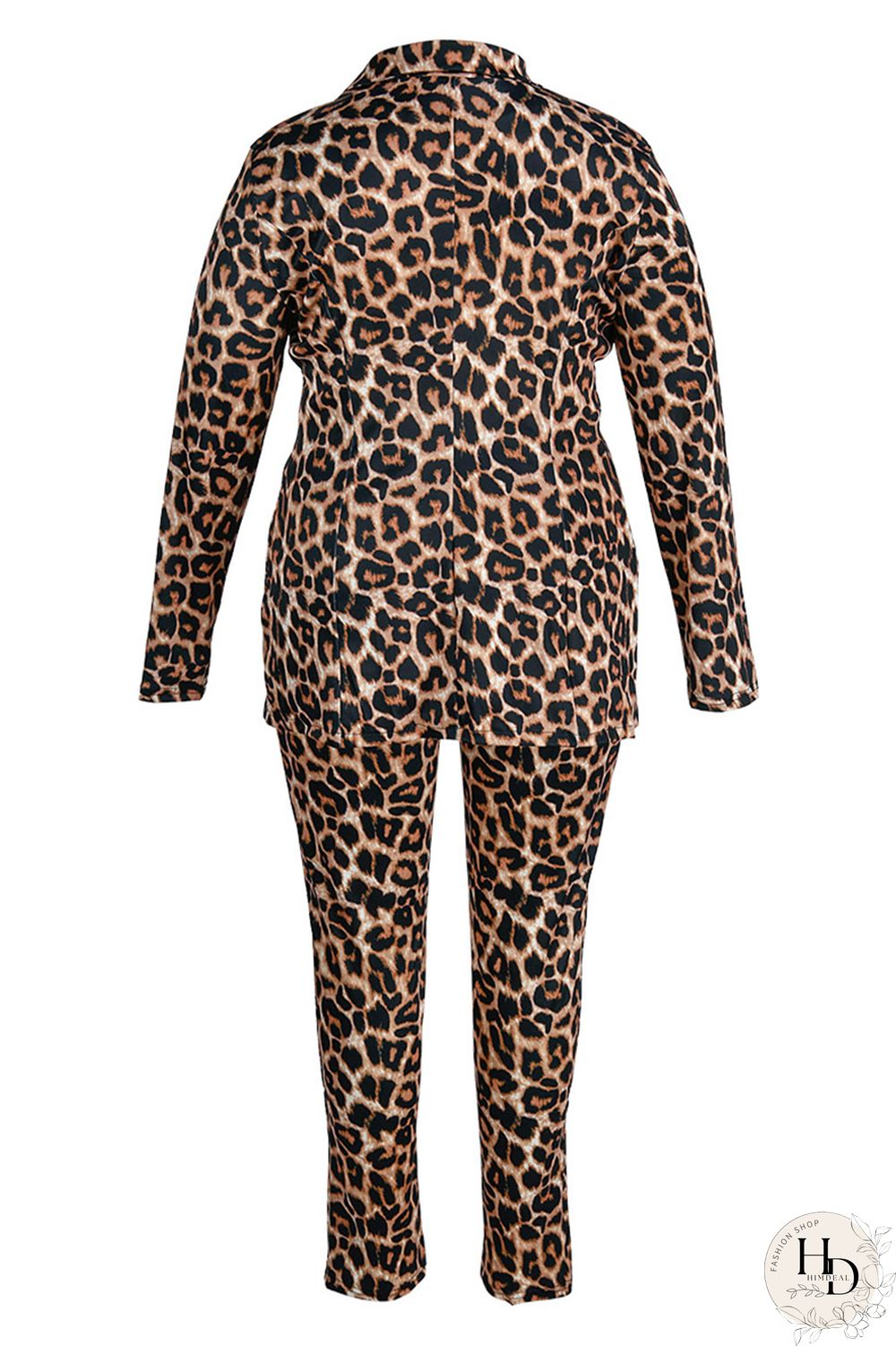 Turquoise Fashion Casual Print Cardigan Pants Turndown Collar Plus Size Two Pieces