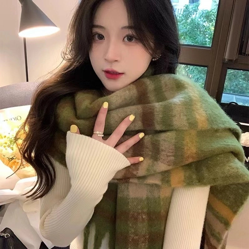 Autumn And Winter Thickened Scarf Women's Korean-style Rainbow Plaid Tassel Mohair Shawl Student Versatile Warm Scarf Fashion