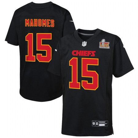 Youth Kansas City Chiefs #15 Patrick Mahomes  Carbon Black Super Bowl LIX Patch Fashion Game Jersey