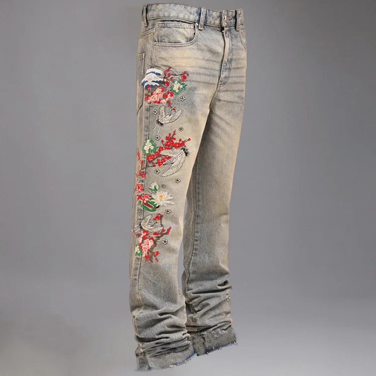 Retro Mid Rise Applique Straight Leg Stretchy Denim Jeans 