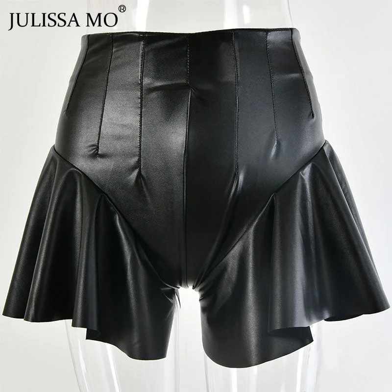 JULISSA MO 2019 Women Ruffles PU Leather Shorts Winter Sexy High Waist Loose Wide Shorts Black Zip Pleated Party short feminino