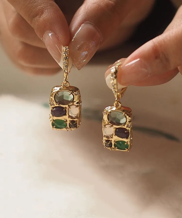 Chic Gold Copper Overgild Gem Stone Tassel Drop Earrings