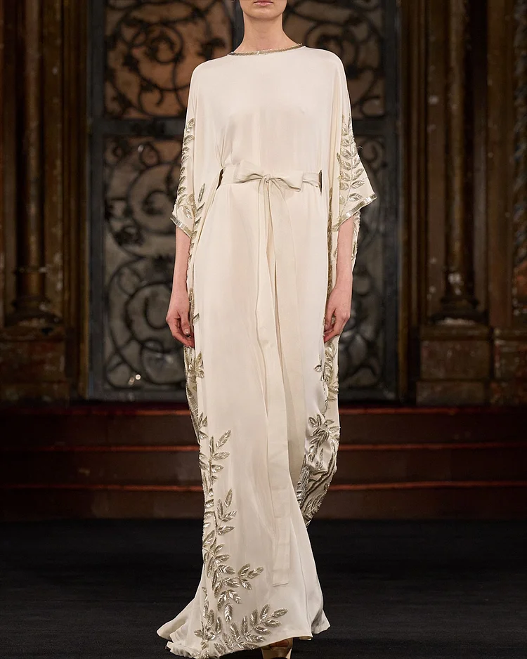 Women's Round Neck Embroidered Sequin Kaftan Dress