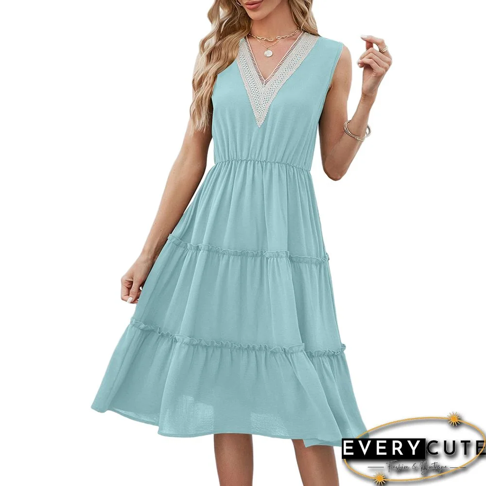 Light Blue Lace V Neck Tiered Sleeveless Casual Dress