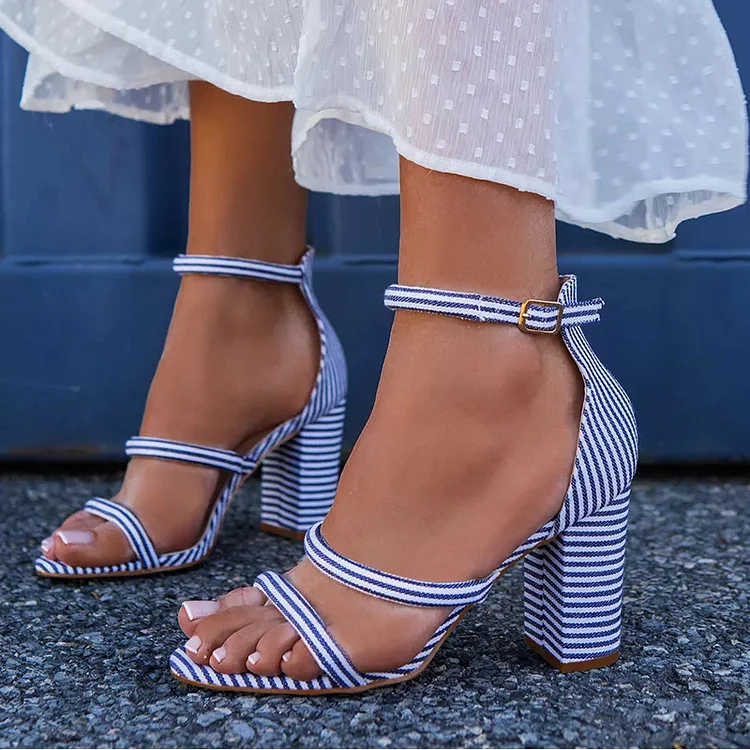 Blue And White Striped Chunky Heel Ankle Strap Sandals |FSJ Shoes