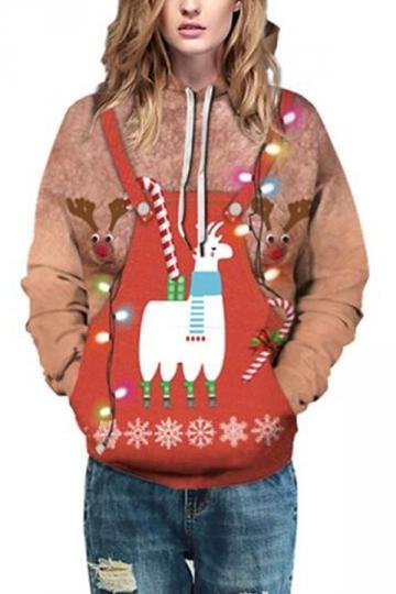 Plus Size Christmas Alpaca Pullover Hoodie Red-elleschic