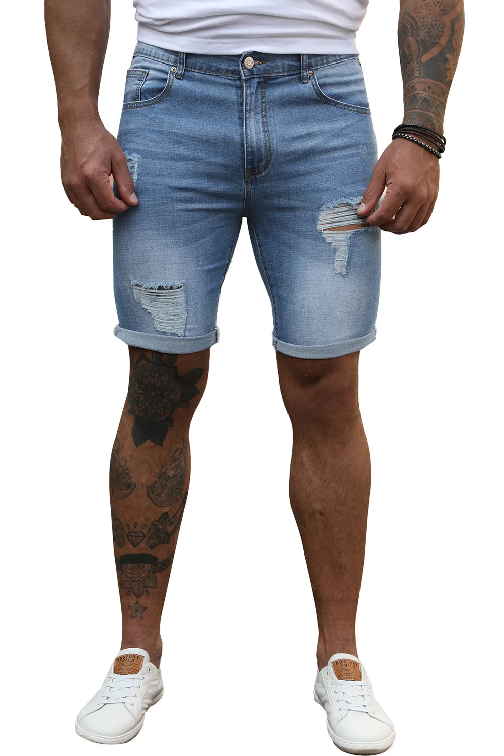 Sky Blue Distressed Low-rise Men's Denim Shorts