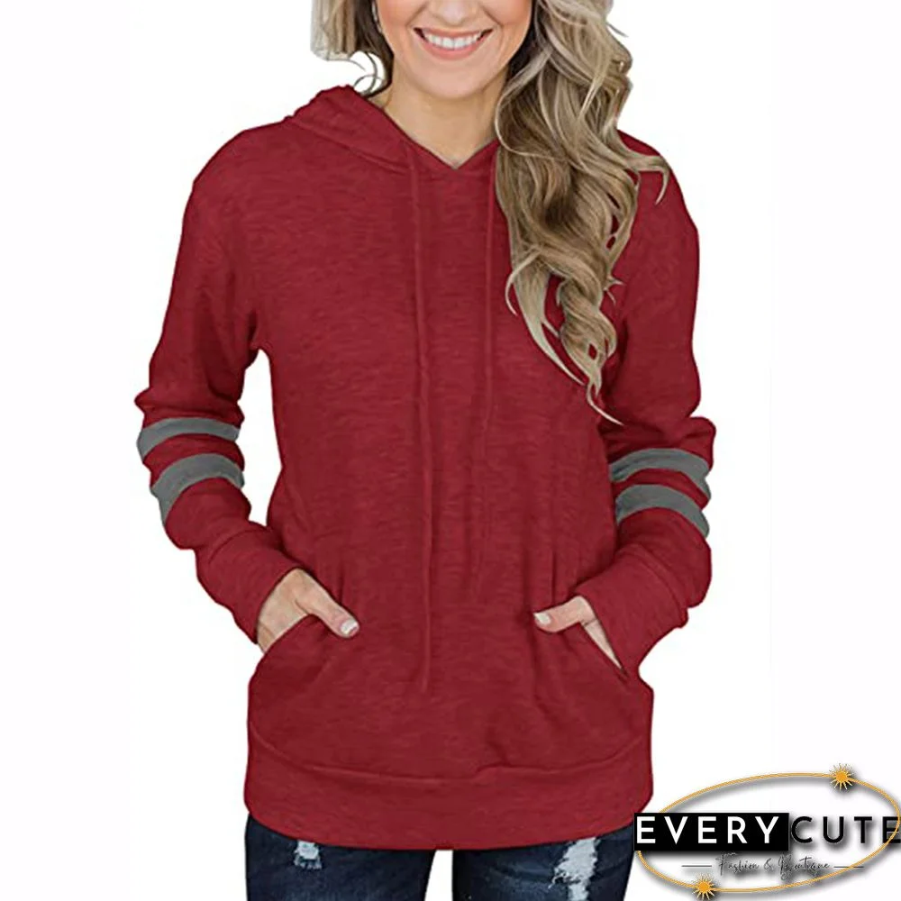 Red Contrast Stripes Long Sleeve Hoodie with Pocket
