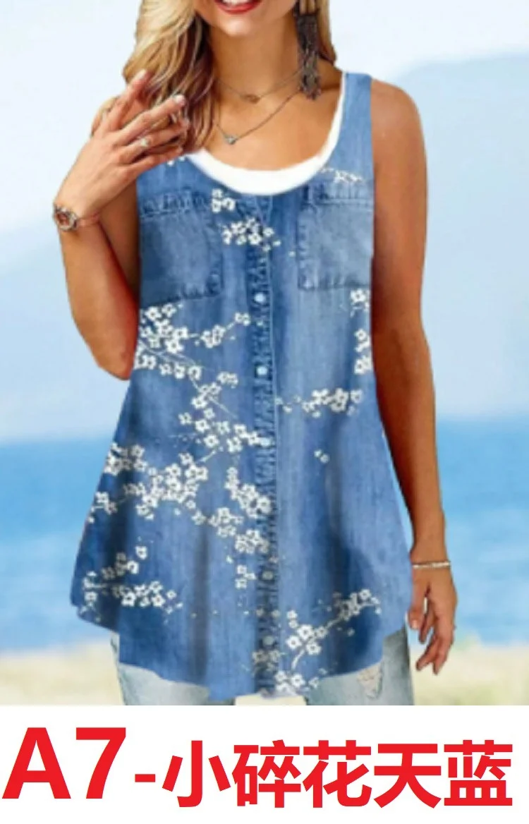 Nigikala Nigikala Women's 2025 Summer New Fashion Imitation Denim Vest Casual Print Sleeveless Top