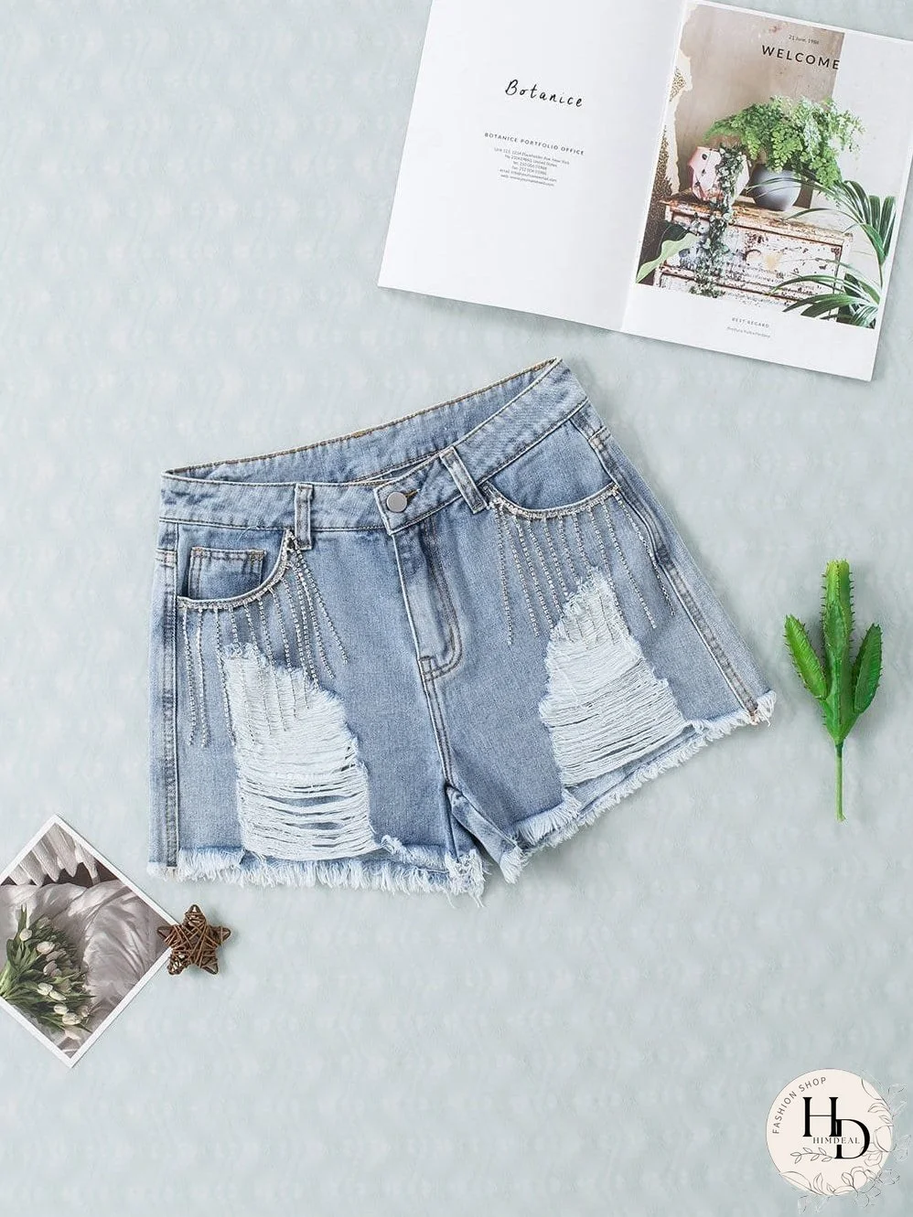 Unique Rhinestone Tassel Denim Shorts