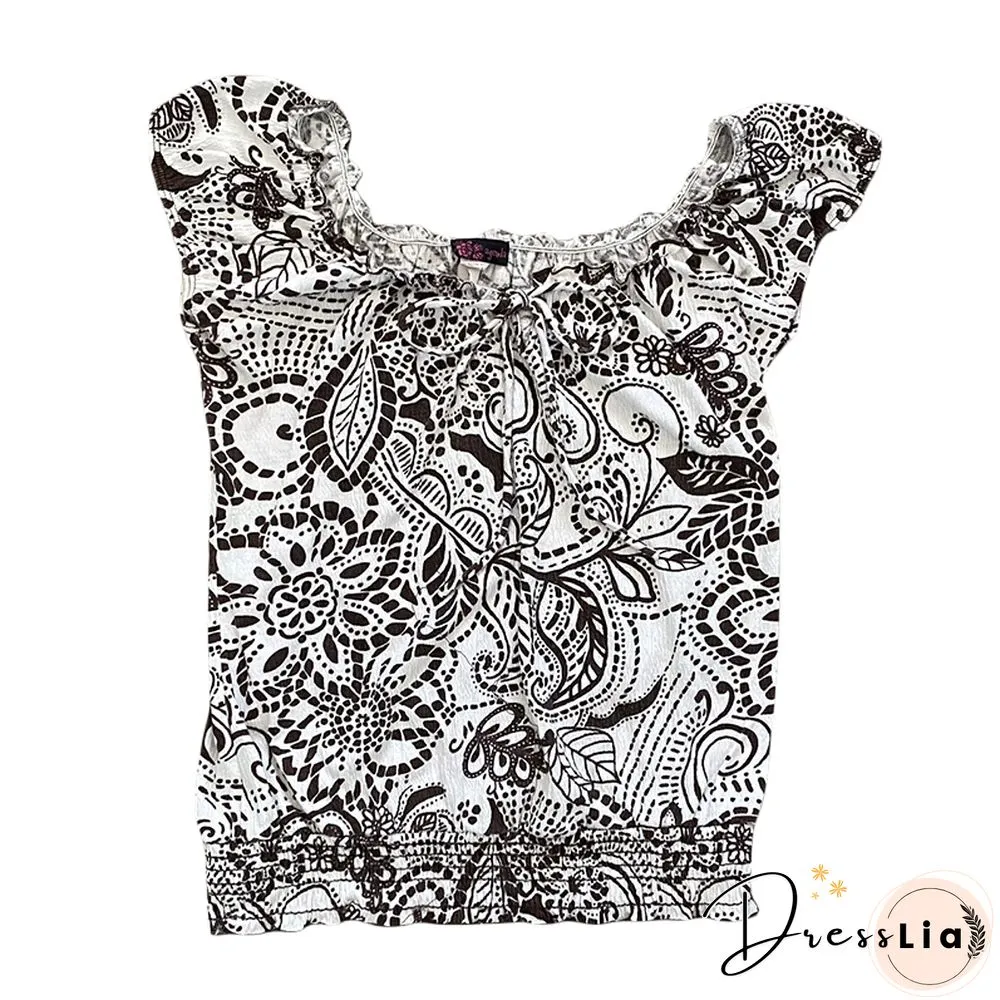 Y2K Fairycore Grunge Graphic Print Crop Top Ruffles Short Sleeve Slim Fit Pullovers Tees