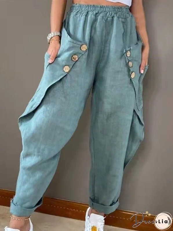 Casual Pocket Button Elastic Waist Pant