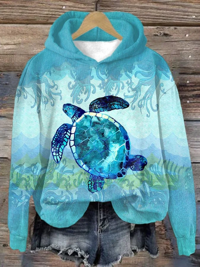 Women's Casual Turtle Print Hooded Long Sleeve Sweatshirt.