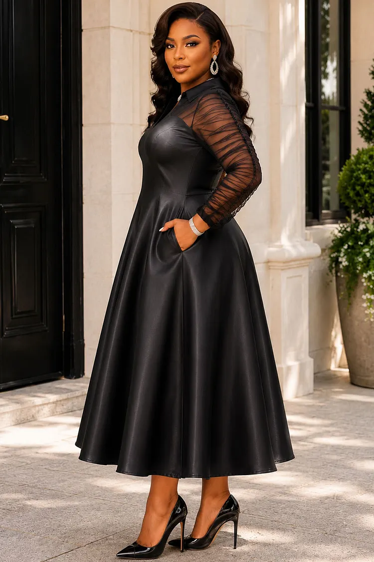 party wear dresses for heavy ladies Xpluswear Design Plus Size Cocktail Black Shirt Collar Long Sleeve Pocket See Through Satin Midi Black-2XL/18-20 special occasion party plus size dresses