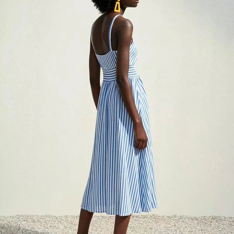 Za Summer Women's Dresses Camisole Striped High Waist Sleeveless Vintage Female V neck Button Vestido Mujer 2021 Casual Backless