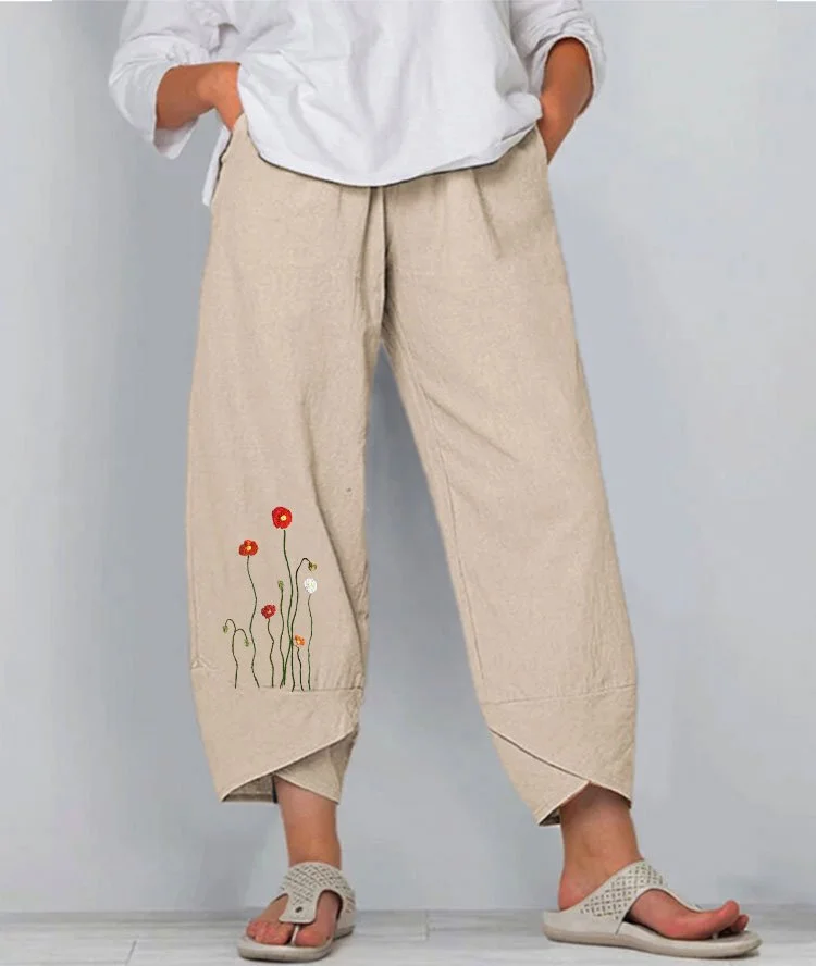 Women's Cotton Linen Botanical Print Casual Pants-mysite