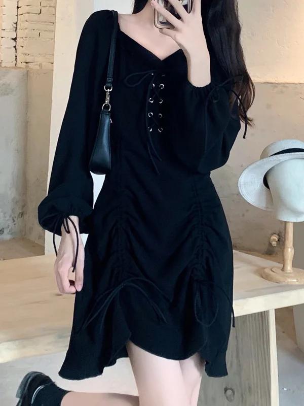 Street Fashion Ruffled Lace Up Drawstring Long Sleeve Dress