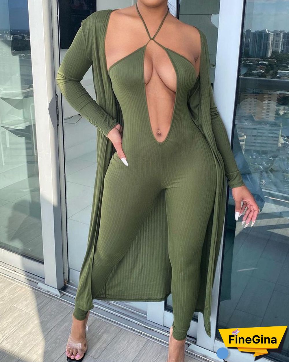 Solid Ribbed Plunging Neck Skinny Cami Jumpsuit With Coat