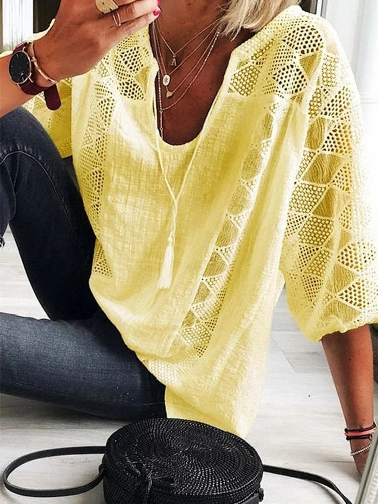 Sonicelife Large size loose cotton womens blouse 2023 summer women blouse tops fashion casual V-neck five-point sleeve lace women shirts0417