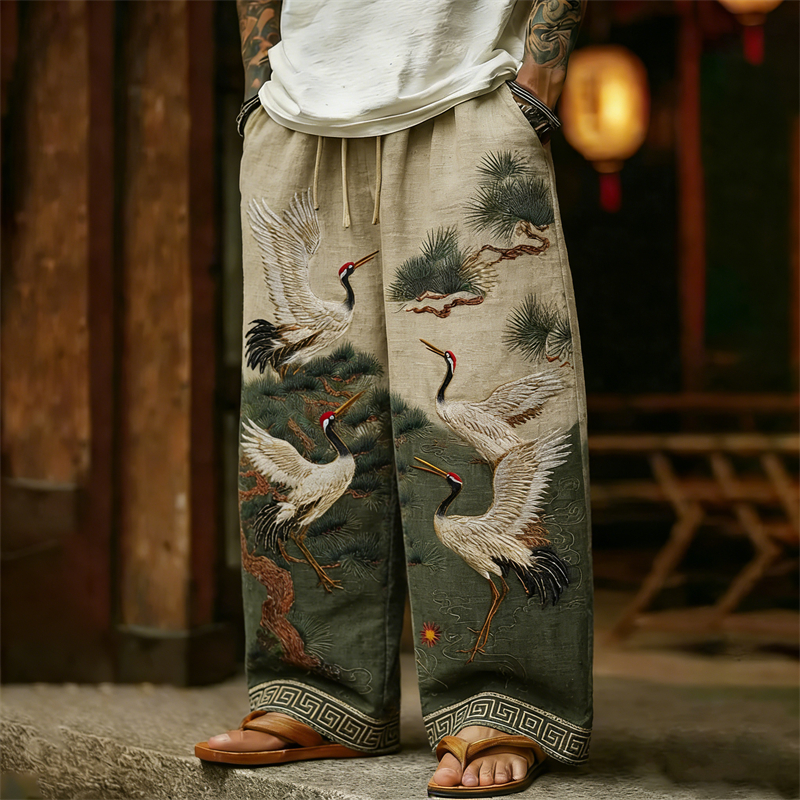 Men's Cranes & Pine Trees Japanese Art Linen Pants  artssus