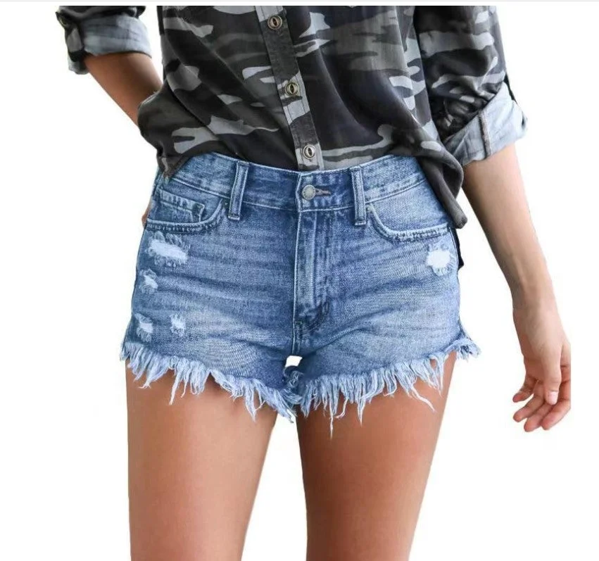 Ladies Casual Ripped Finged Shorts Jeans