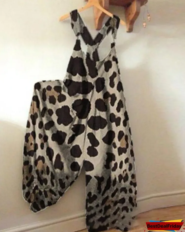 leopard printed casual sleeveless pockets jumpsuit p267638