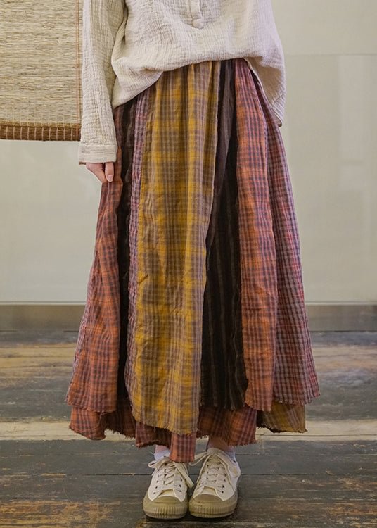 Handmade Colorblock elastic waist Plaid Patchwork Cotton Skirt Spring CK2108- Fabulory