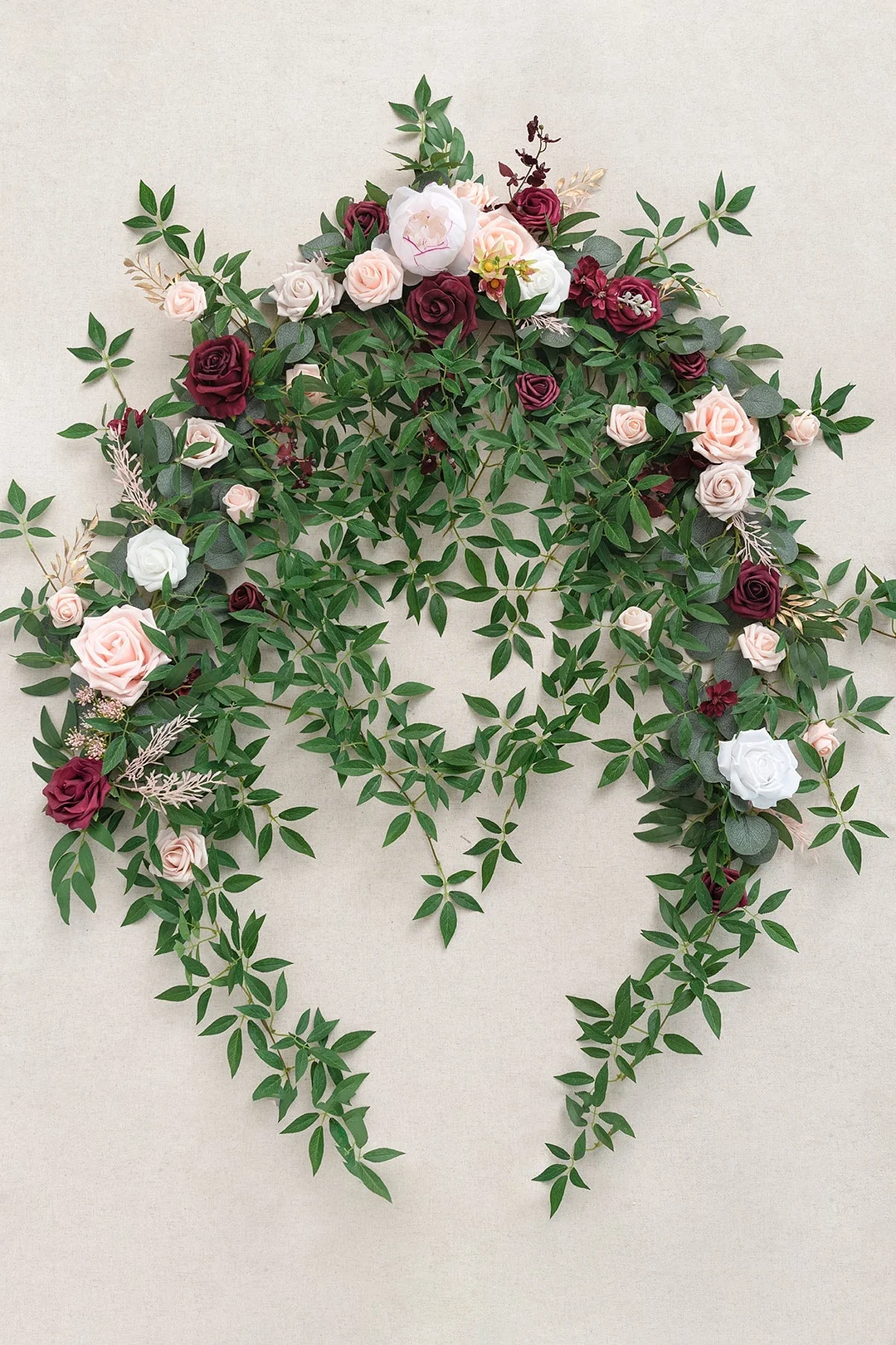 6.5ft Flower Garland with Hanging Rosa Banksiae Leaves for Ceremony Backdrop in Romantic Marsala