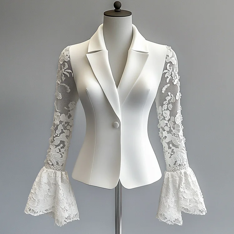 Ursime Lapel Collar Lace Flare Sleeve One Button Blazer