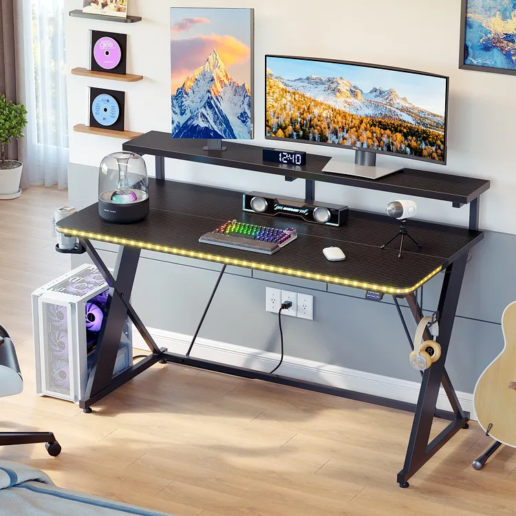 RSPGAME 47" Gaming Desk with Music Sync LED Light, X-Shape Ergonomic Gamer Desk with Monitor Stand, Dynamic RGB Lighting, PC Computer Desk for Home Office