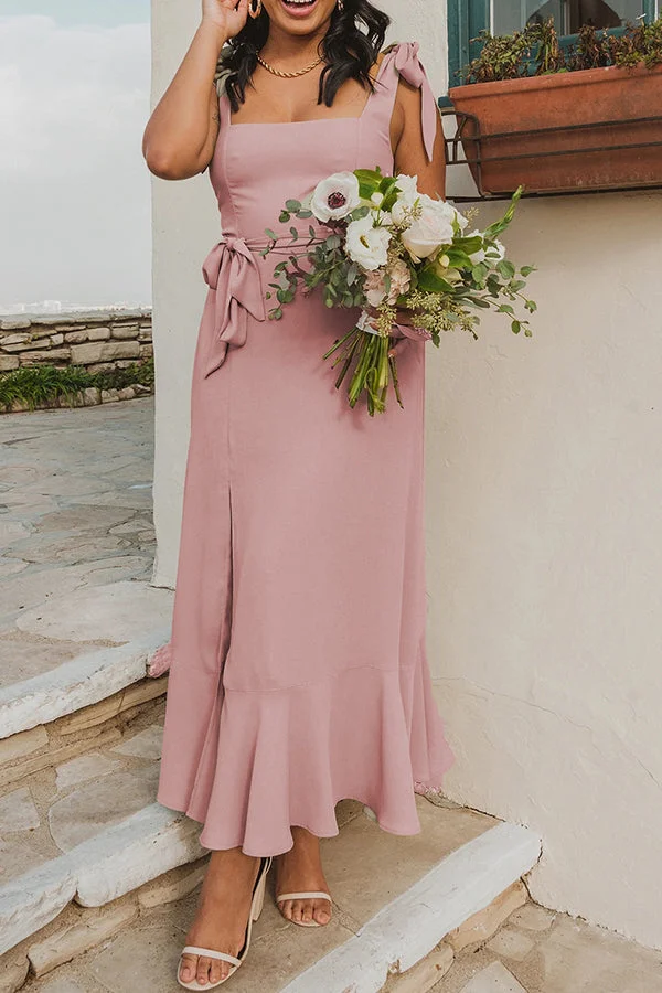 Fashion simple suspender skirt hem slit ruffle skirt