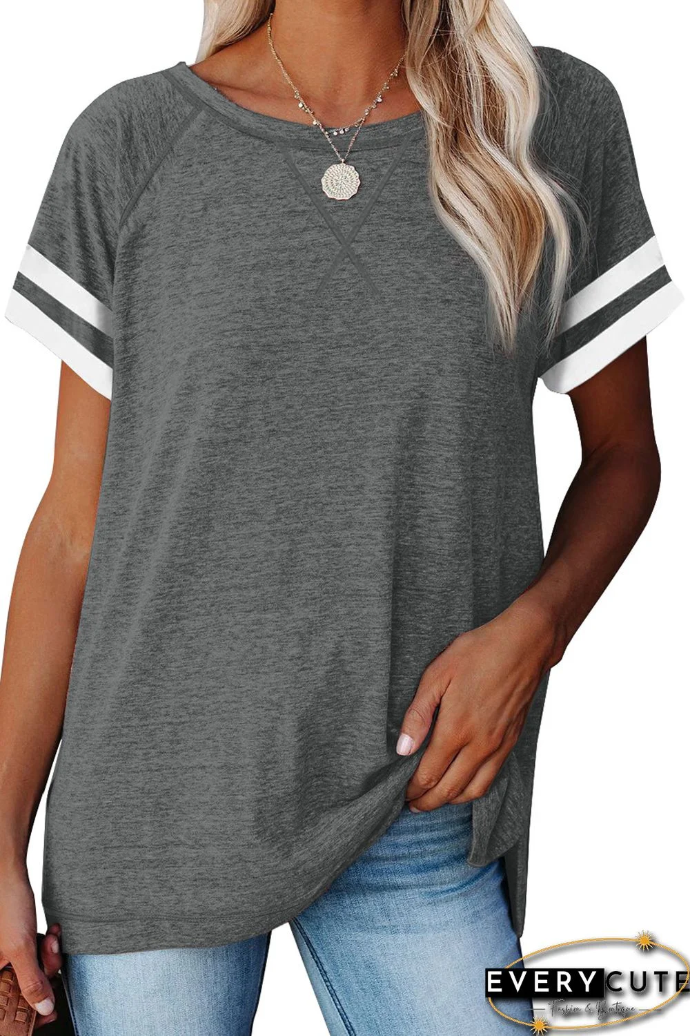 Gray Plain Colorblock Raglan Sleeve T-shirt