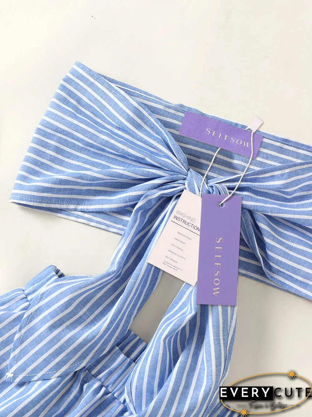 Selfsow Blue And White Stripe Tie Front Tube Pocket Two Pieces Suit