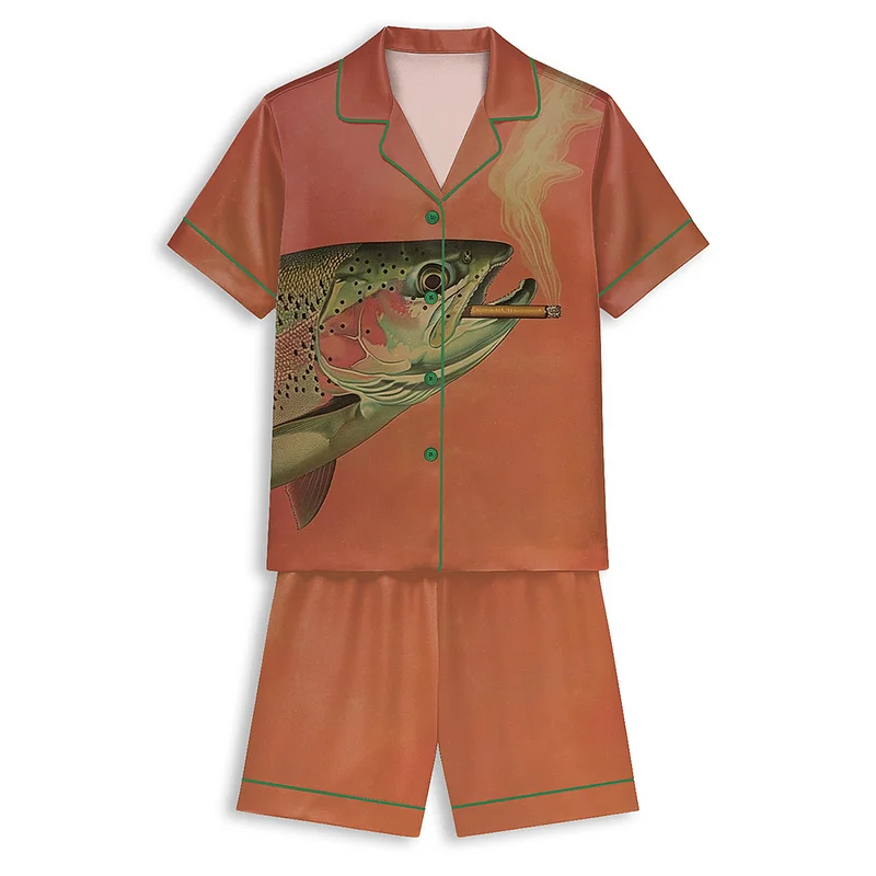 Tokyover Vintage Dog Smoking A Cigarette Unisex Short Sleeve Satin Pajama  Set