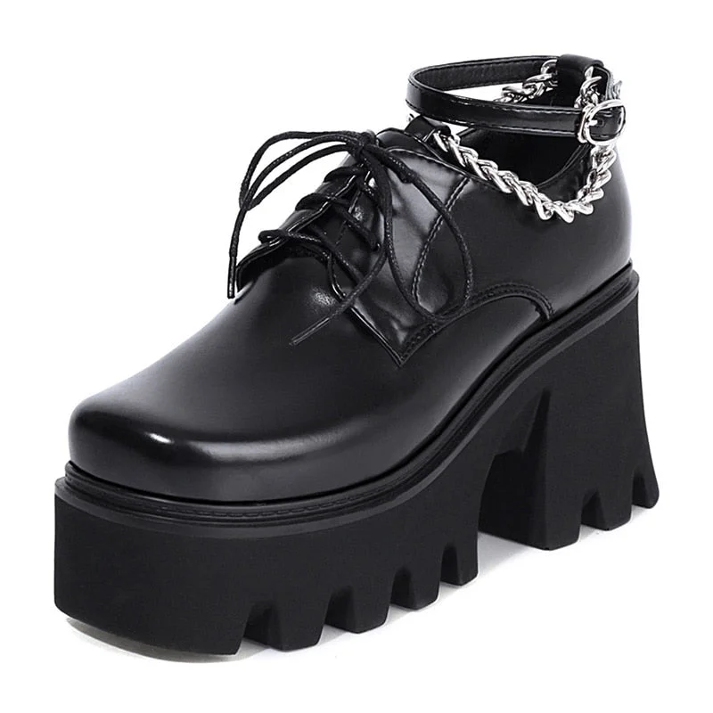 Gdgydh Sexy Chain Gothic Punk Platform Shoes For Women Thick Heel Square Toe Goth Girls Soft Leather PU Ladies Shoes For Party
