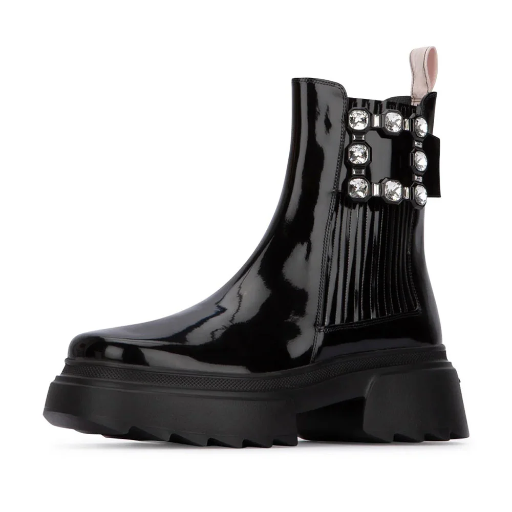 Women's Black Round Toe Platform Block Heel Rhinestone Ankle Boots