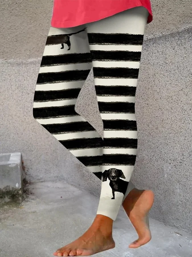 Women's Strip Long Black Dachshund Print Leggings