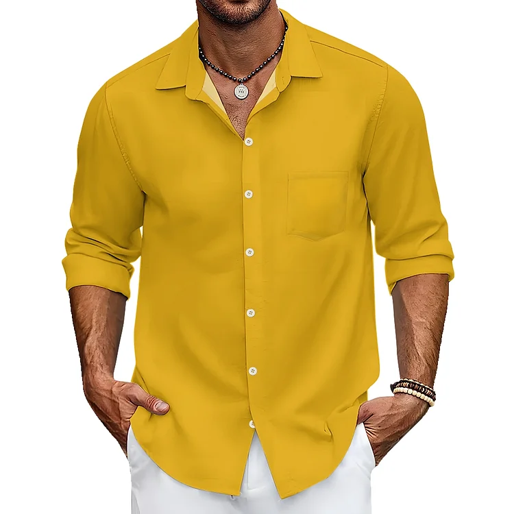 Men Solid Color Yellow Shirt Checkered Loose Casual Collar Trendy Jacket Shirt
