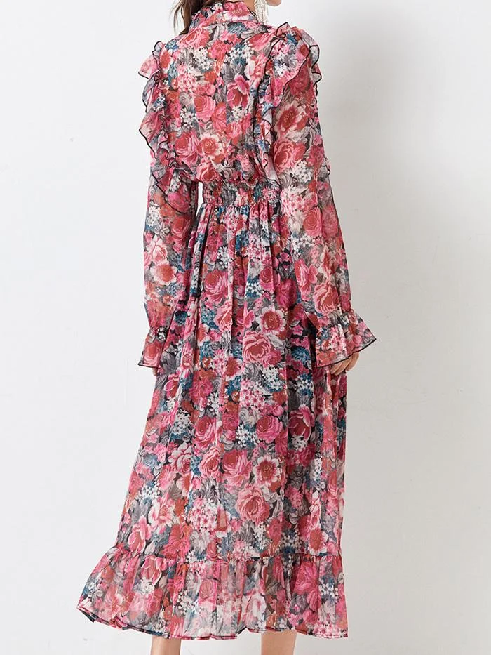 Fashion Chiffon Print Lantern Sleeve Dress