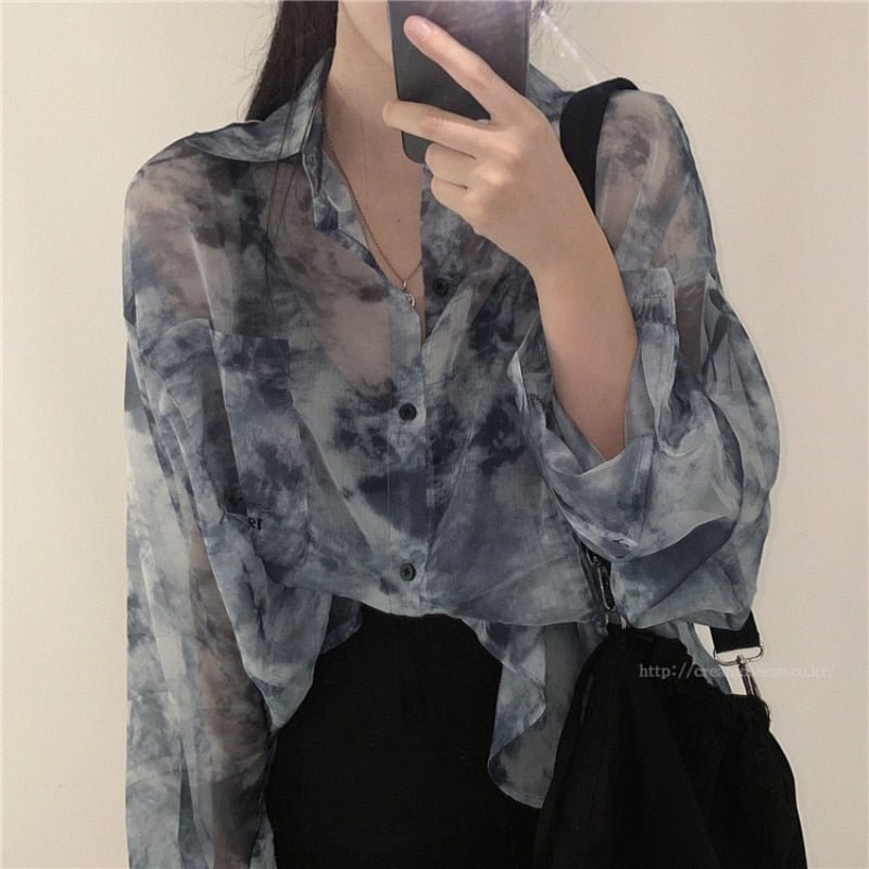 Zoki Tie Dye Summer Transparent Thin Shirt  Korean Loose Long Sleeve Ladies Tops Causal Designed Grey Single Breasted Shirts