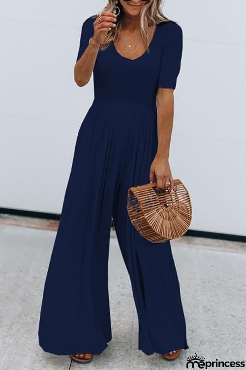 U Neck Short Sleeve Loose Jumpsuit