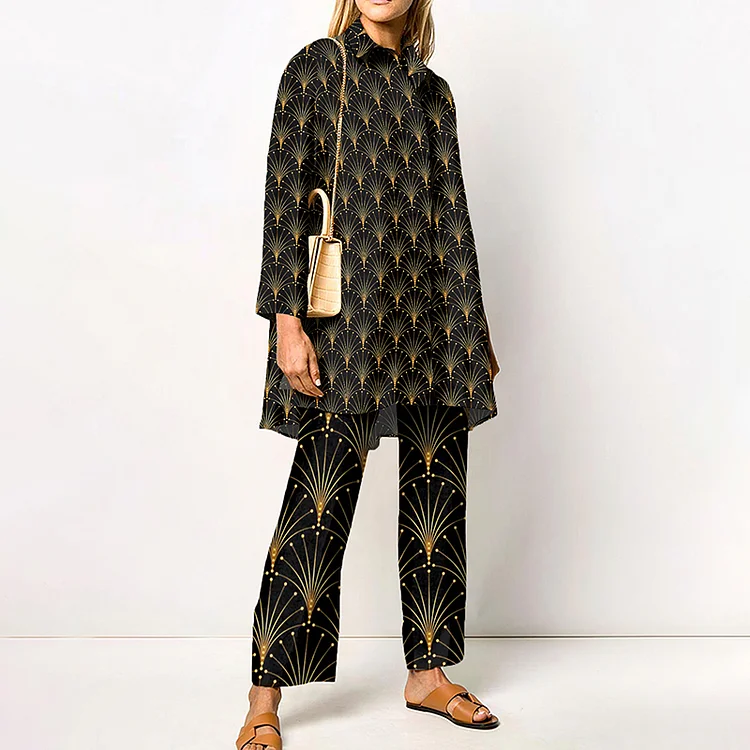 Lapel Gold Scalloped Print Two Piece Set