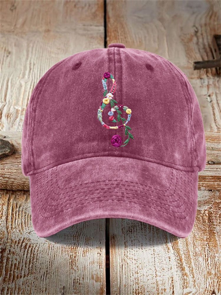 Comstylish Floral & Music Embroidery Washed Cotton Duck Caps