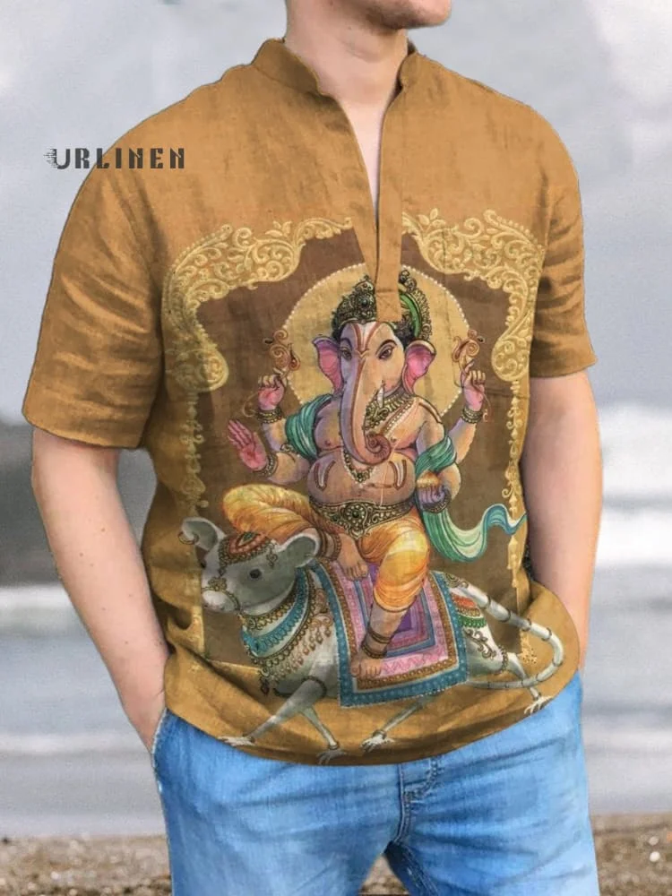 Mystical Wisdom Ganesha Spiritual Vintage Print Casual 100% Cotton Shirt