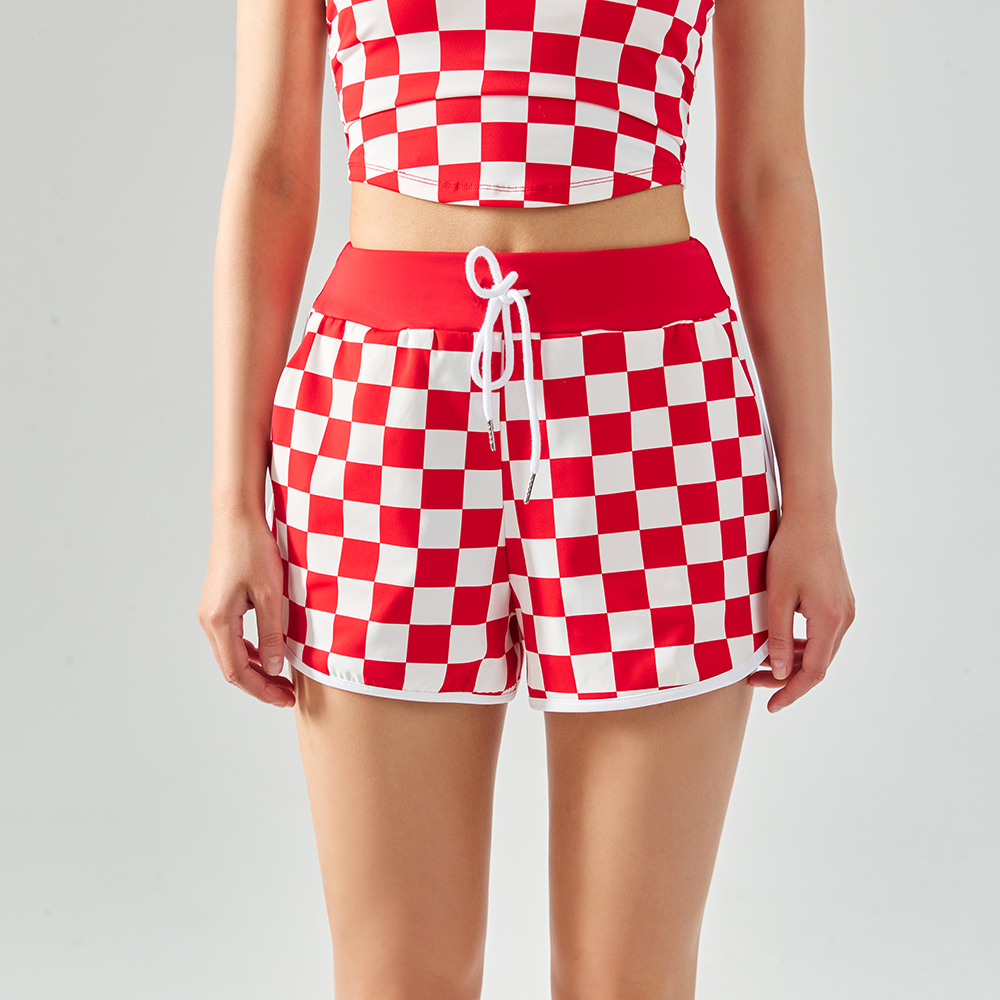Hergymclothing Red White Plaid high waist split leg opening cool feeling breathable comfort loose running sports fitness shorts with pockets for sale