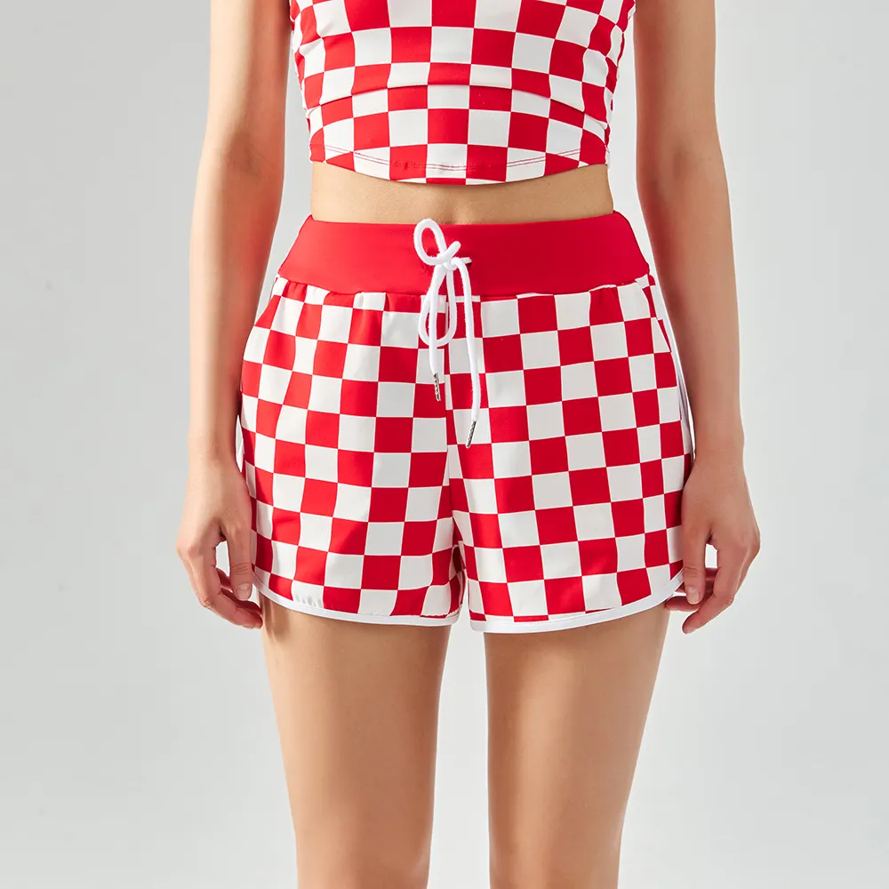 Hergymclothing Red White Plaid high waist split leg opening cool feeling breathable comfort loose running sports fitness shorts with pockets for sale